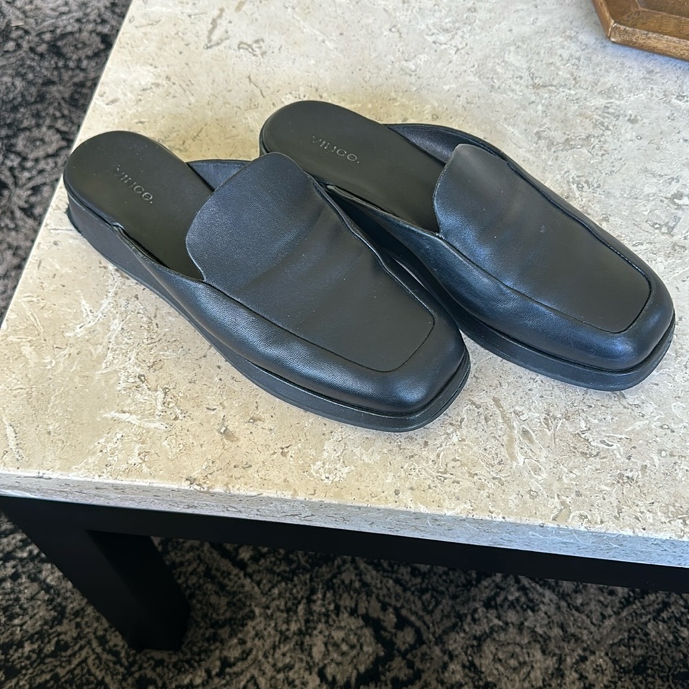 Vince Black Leather Square-Toe Slip-On Mules